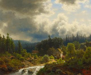 Hermann Herzog - Waldlandschaft mit Wassermühle.