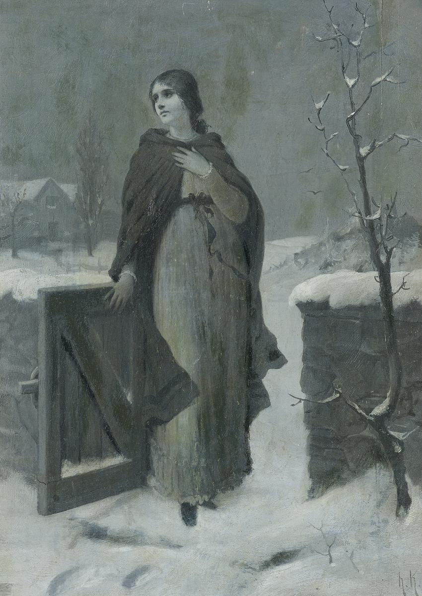 Hermann Kaulbach - Junge Frau am winterlich verschneiten Gartentor