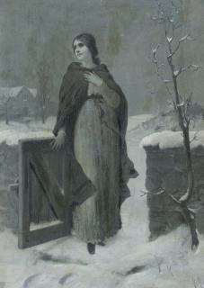 Hermann Kaulbach - Junge Frau am winterlich verschneiten Gartentor