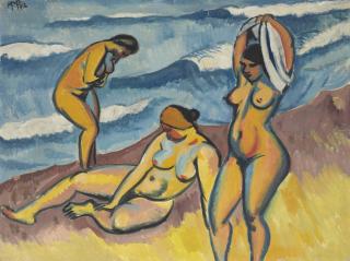 Hermann Max Pechstein - Drei Badende Frauen Am Meer