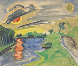 Hermann Max Pechstein - Landschaft mit Gewässer, am Himmel Sonne und Mond