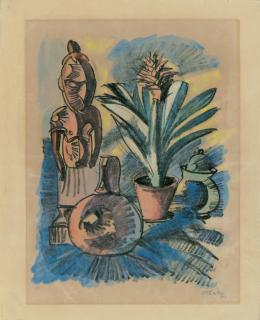 Hermann Max Pechstein - Stillleben mit Holzfigur und Amaryllis.