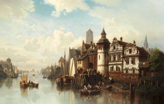 Hermann Meyerheim - A bustling riverside town under a clearing sky