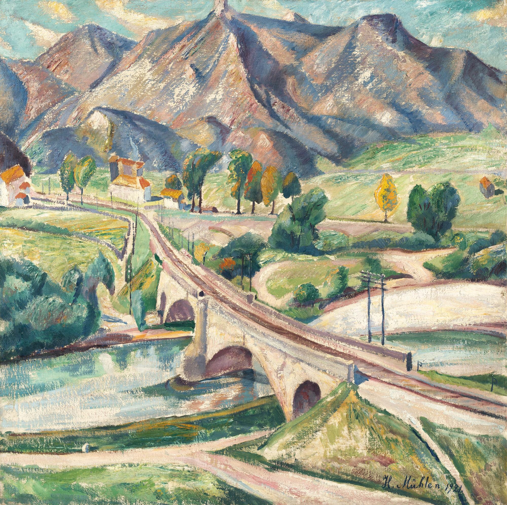 Hermann Mühlen - Alpenlandschaft mit Bahnbrücke