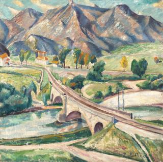 Hermann Mühlen - Alpenlandschaft mit Bahnbrücke