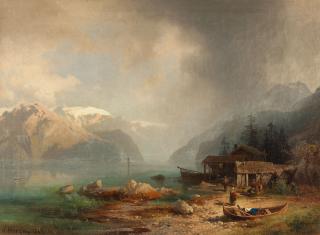 Hermann Ottomar Herzog - Fischer an einem Gebirgssee bei aufziehendem Gewitter.