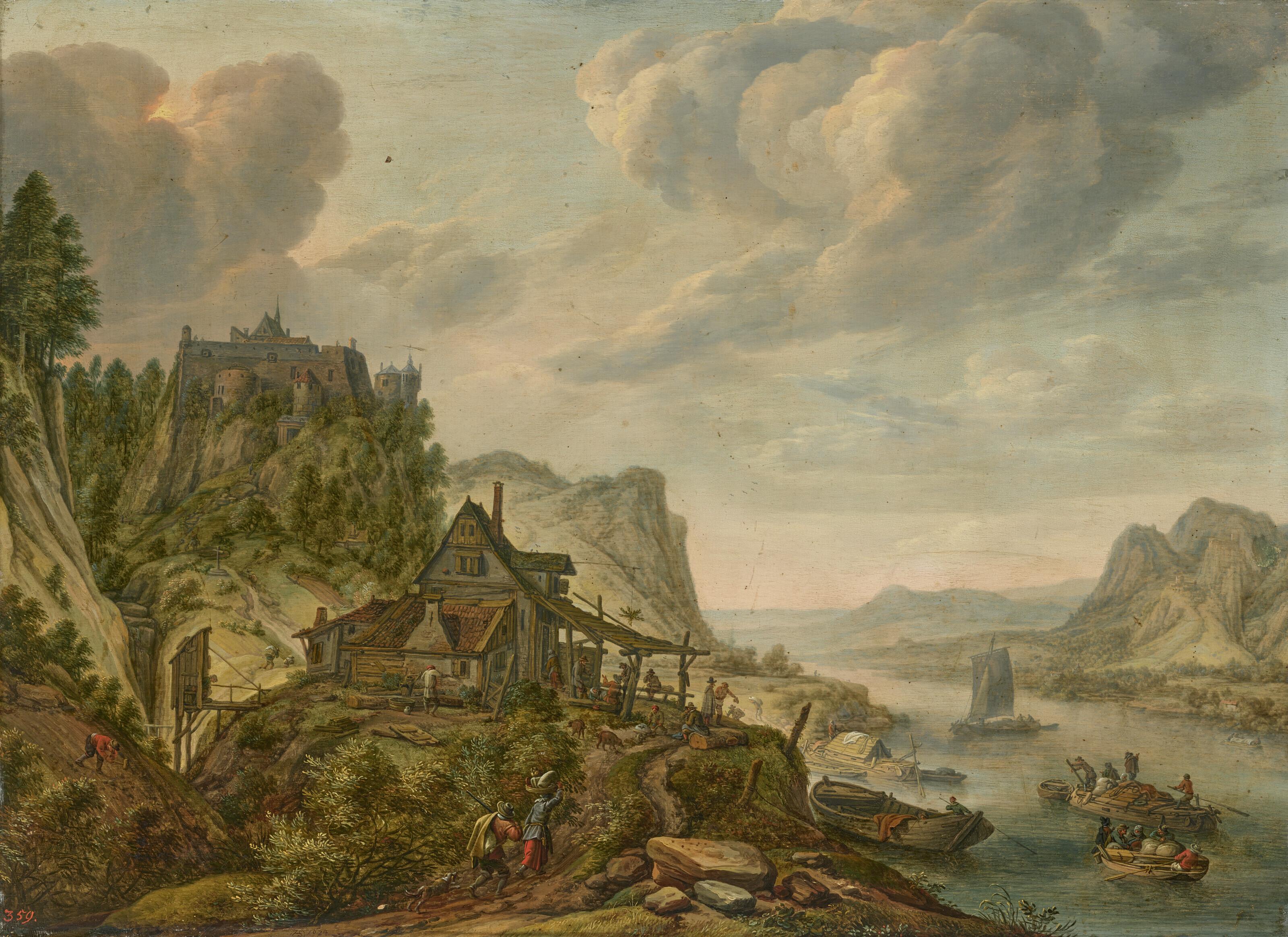 Hermann Saftleven II - An extensive river landscape with figures outside a tavern, a fortified castle on a hilltop beyond