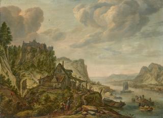 Hermann Saftleven II - An extensive river landscape with figures outside a tavern, a fortified castle on a hilltop beyond
