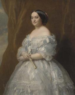 Hermann Winterhalter - Portrait of a Lady in waiting, three-quarter-length, in a cream silk dress and holding a fan