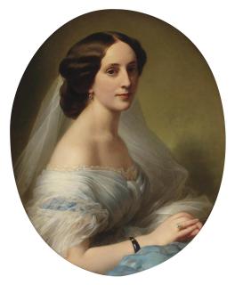 Hermann Winterhalter - Portrait of a young woman, bust-length, in a blue silk dress