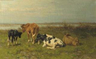 Hermanus Charles Christiaan Bogman - A polder landscape with cows near the water