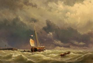 Hermanus Koekkoek d. J. - Ankernder Küstensegler vor der Mole.