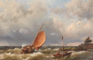 Hermanus Koekkoek I - Küstenansicht mit Segel- und Ruderbooten auf bewegter See