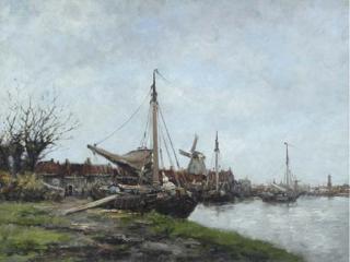 Hermanus Koekkoek, Jr. - Boats on a Dutch Canal