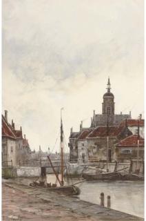 Hermanus Koekkoek Jun. - A harbour town with moored vessels