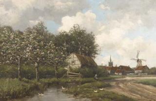 Hermanus Koekkoek Jun. - A village by a stream in spring