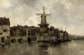 Hermanus Koekkoek Jun. - A windmill by a drawbridge in a town