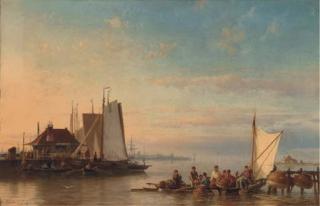 Hermanus Koekkoek, Jun. - Calm water, with fishing boats at [sic] the river near Amsterdam