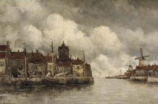 Hermanus Koekkoek Jun. - Moored vessels along a quay in a Dutch town