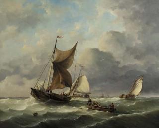 Hermanus Koekkoek Jun. - Sailingbarges setting out for sea