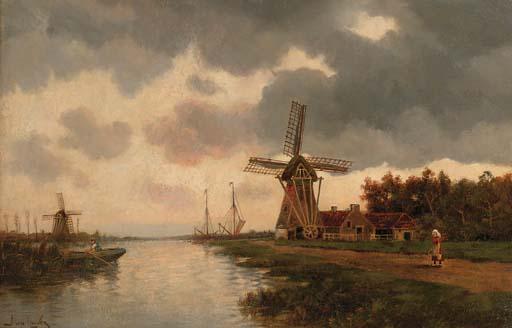 Hermanus Koekkoek Jun. - Windmills along a river