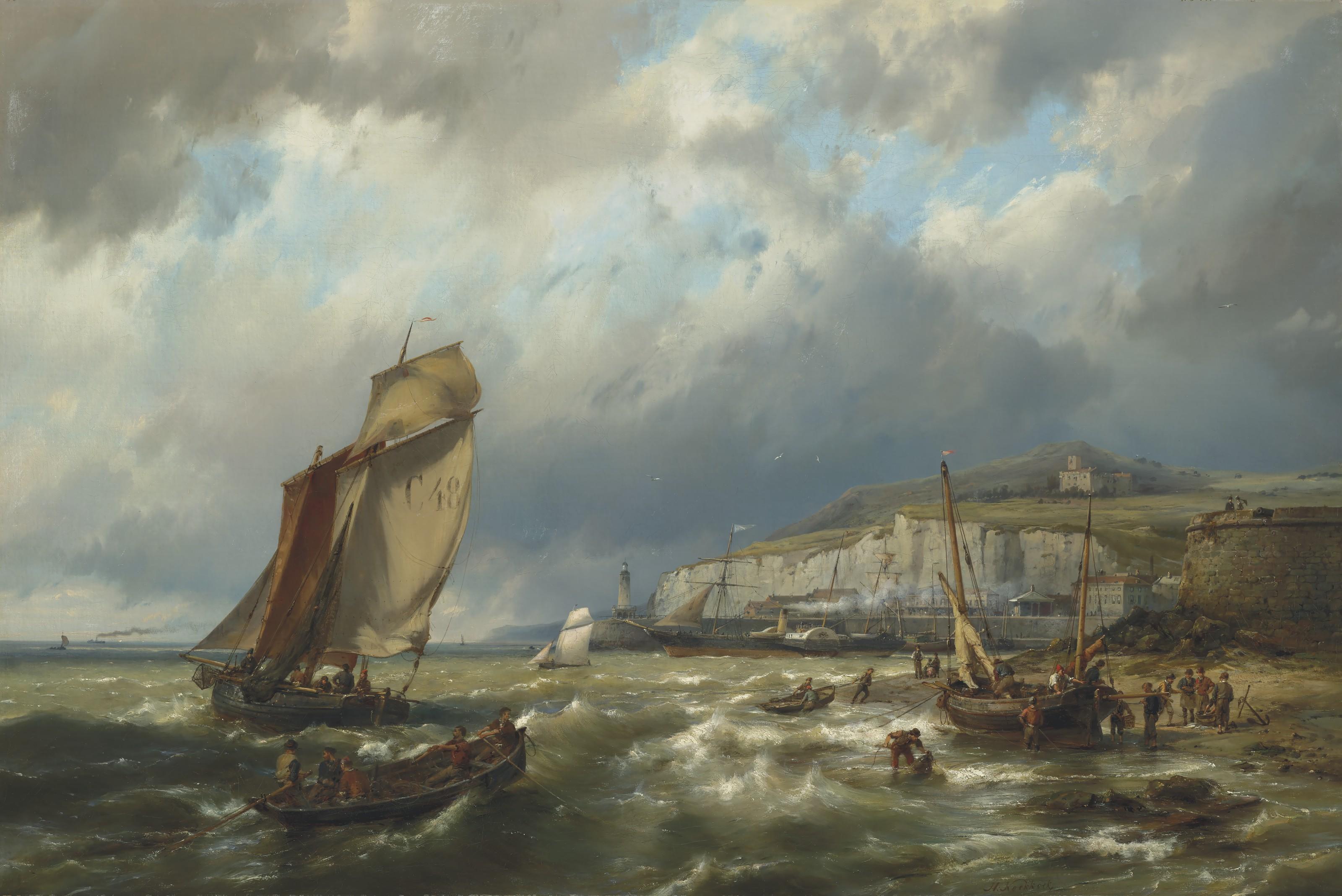 Hermanus Koekkoek, Junior - Sailing vessels and a cross channel packet off Newhaven