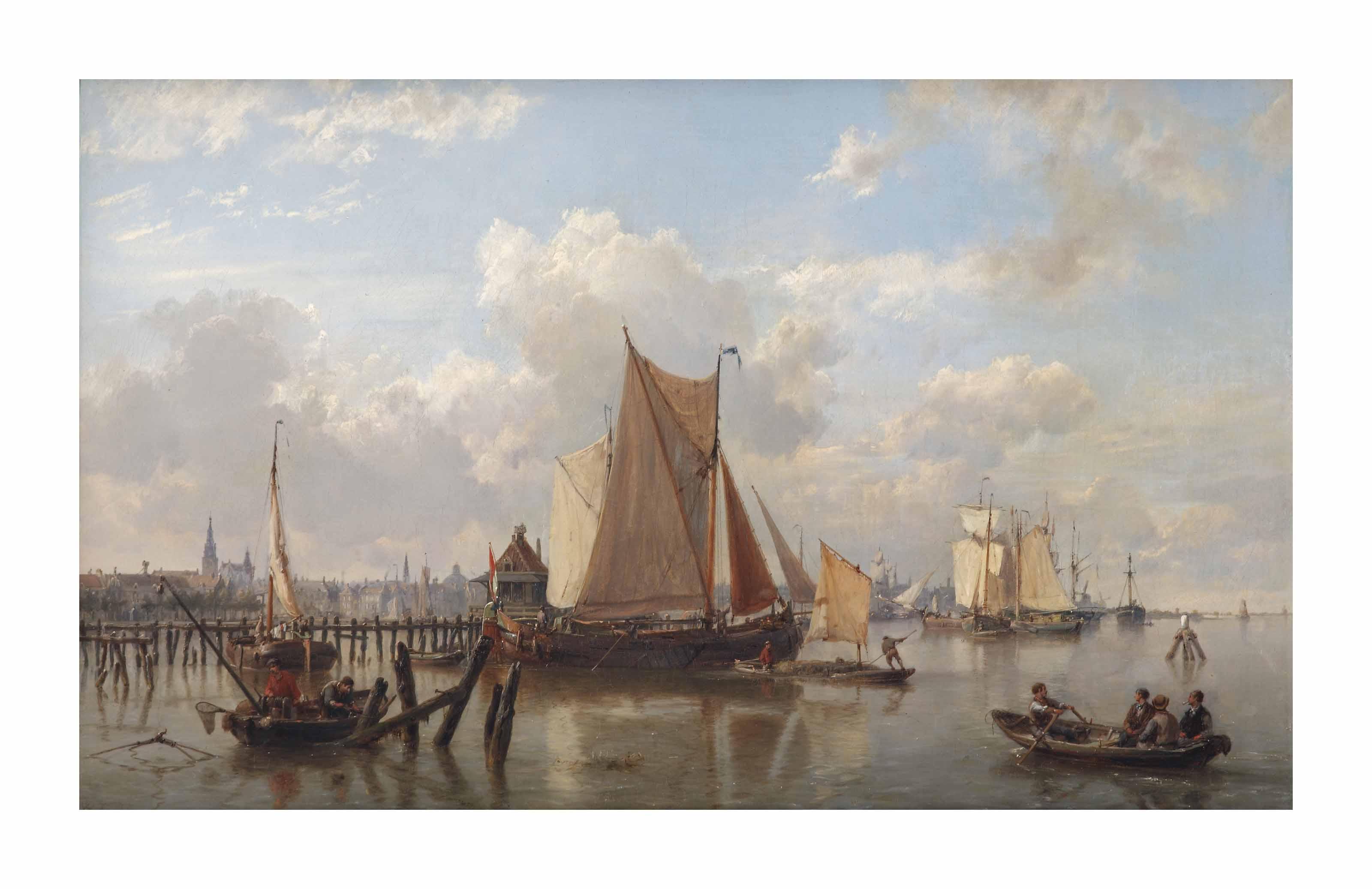 Hermanus Koekkoek Sen. - A busy day on the IJ, Amsterdam in the distance
