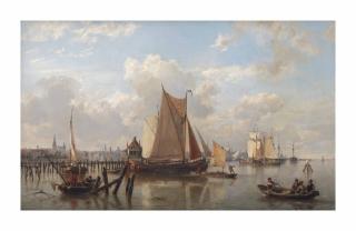 Hermanus Koekkoek Sen. - A busy day on the IJ, Amsterdam in the distance