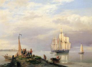 Hermanus Koekkoek Sen. - A calm; a river estuary with twomasters at anchor, fisherman on a jetty in the foreground