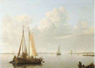 Hermanus Koekkoek Sen. - A calm: fishing vessels at anchor in a river estuary
