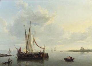 Hermanus Koekkoek Sen. - A calm: the barge De Vrouw preparing for departure