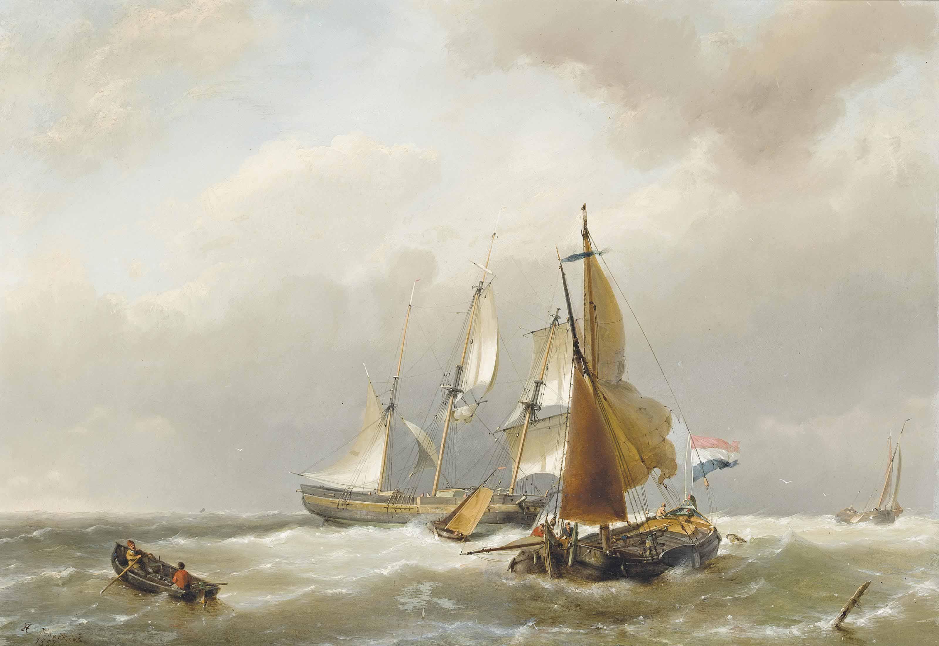 Hermanus Koekkoek,  Sen. - A Dutch Merchantman And Barges In A Stiffening Breeze