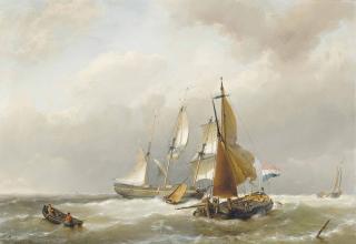Hermanus Koekkoek,  Sen. - A Dutch Merchantman And Barges In A Stiffening Breeze