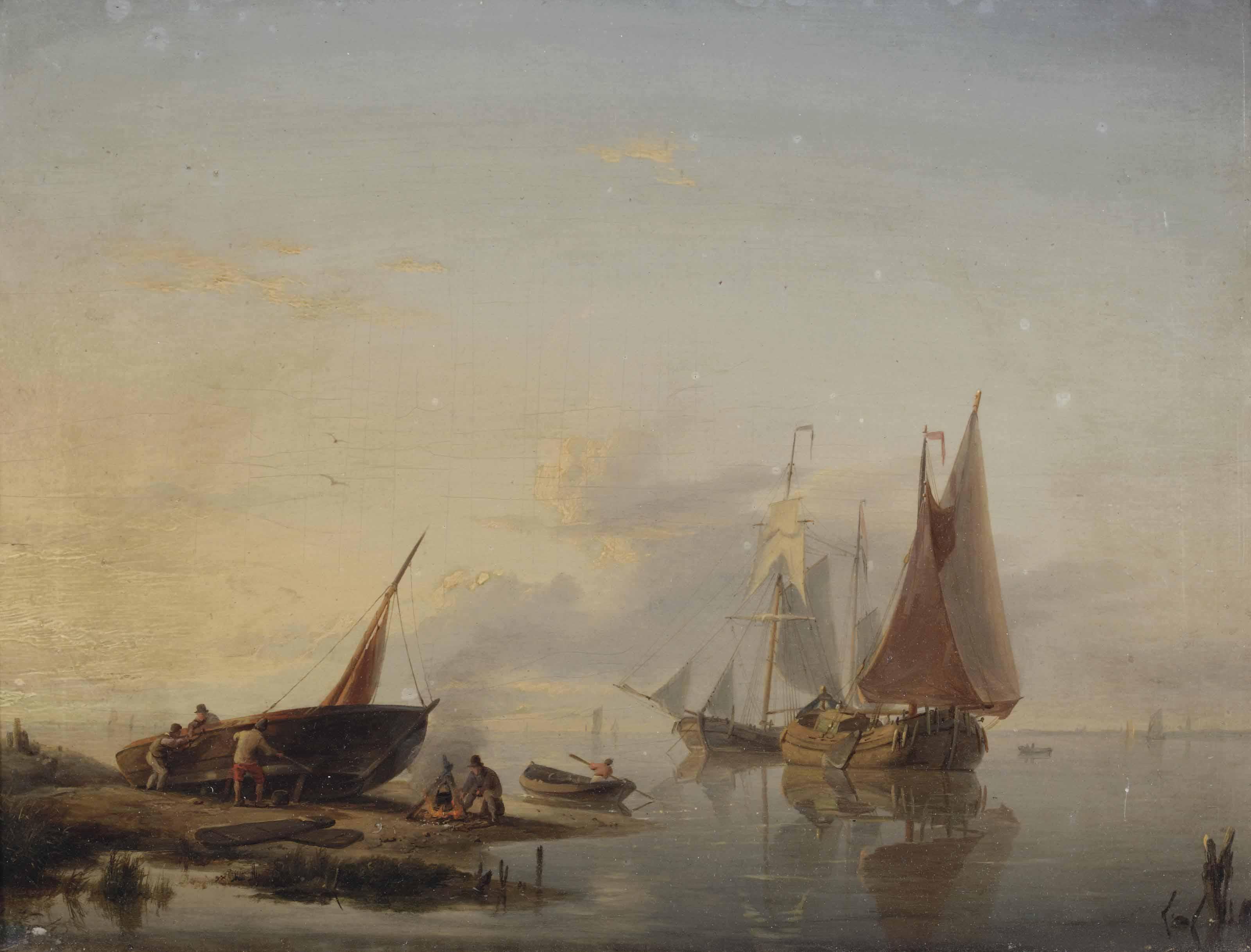 Hermanus Koekkoek Sen. - Activities on a calm river in summer