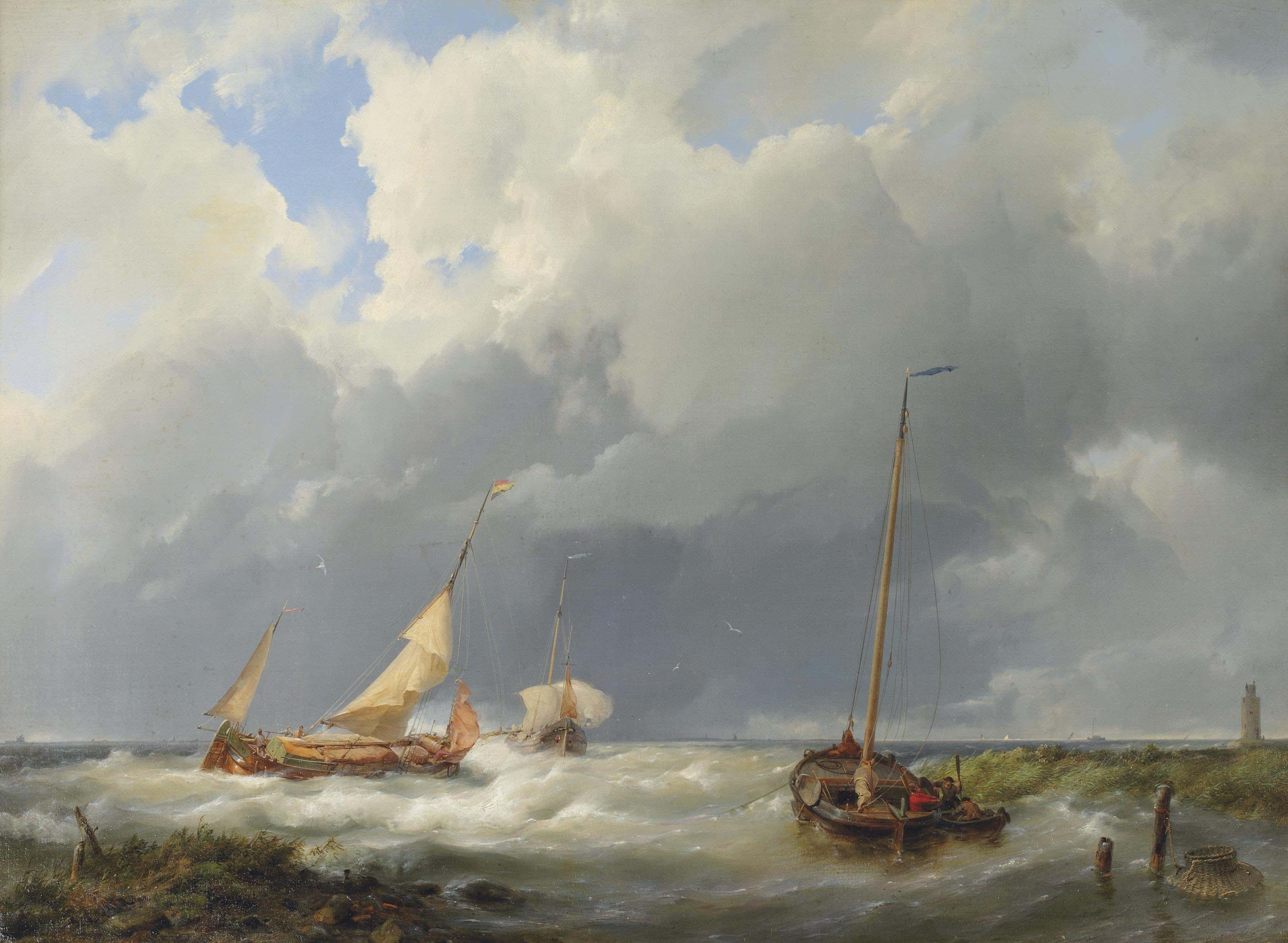 Hermanus Koekkoek Sen. - Coastal scene with fishing vessels