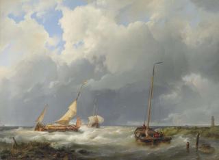 Hermanus Koekkoek Sen. - Coastal scene with fishing vessels