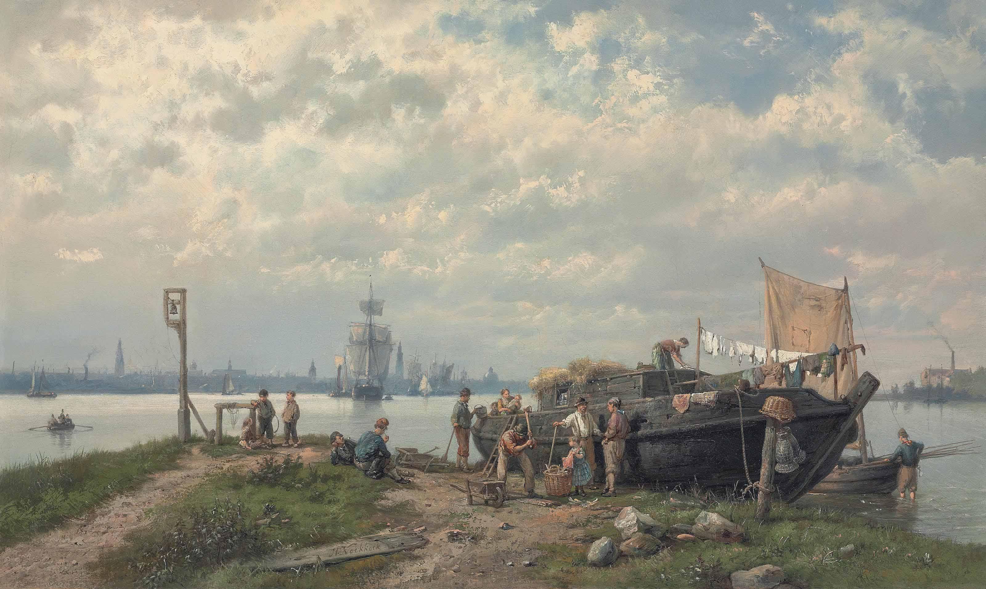 Hermanus Koekkoek Sen. - Fishing folk, with a view of Amsterdam in the background