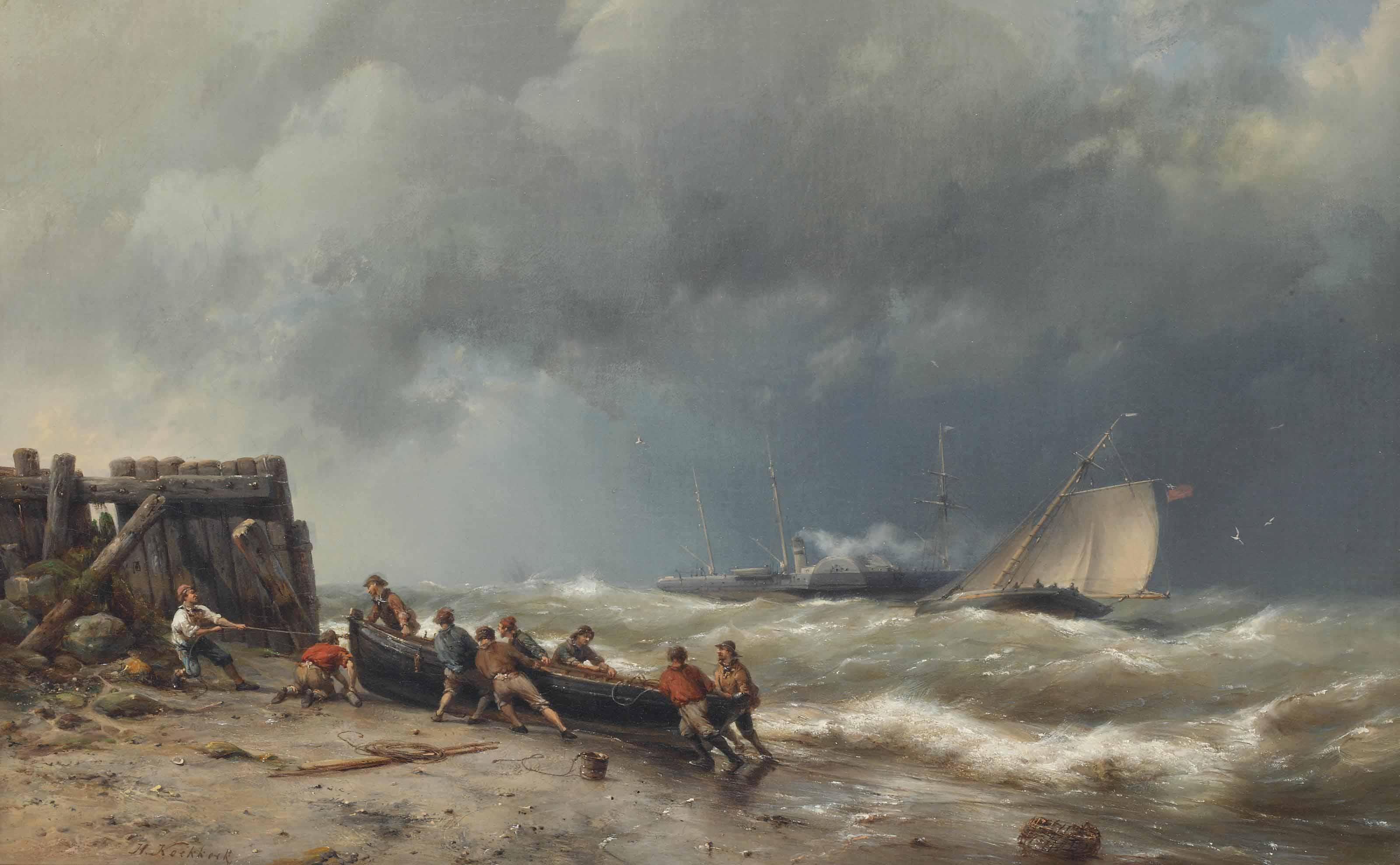 Hermanus Koekkoek Sen. - Hauling in the vessel, a steamer beyond