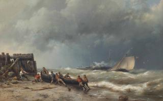 Hermanus Koekkoek Sen. - Hauling in the vessel, a steamer beyond