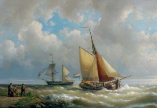 Hermanus Koekkoek Sen. - Sailing along a coast, a two-master in the distance