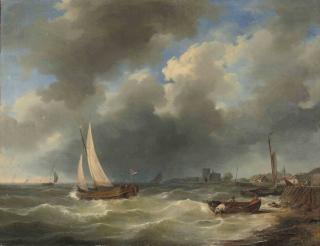 Hermanus Koekkoek Sen. - Sailing vessels in a stiff breeze