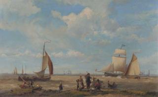 Hermanus Koekkoek Sen. - Shipping in a breeze with figures in the foreground