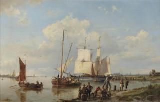 Hermanus Koekkoek Sen. - Shipping on a calm near an estuary