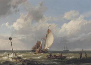 Hermanus Koekkoek Sen. - Shipping on a choppy estuary