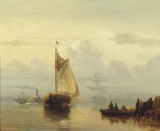 Hermanus Koekkoek Sen. - Steamship \'De Schelde\' passing a haybarge on a misty morning