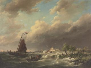 Hermanus Koekkoek Sen. - Stormy coastal scene with town beyond