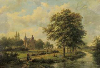 Hermanus Koekkoek Sen. - Summer: a peasantgirl on a path by a stream with children playing, a castle beyond