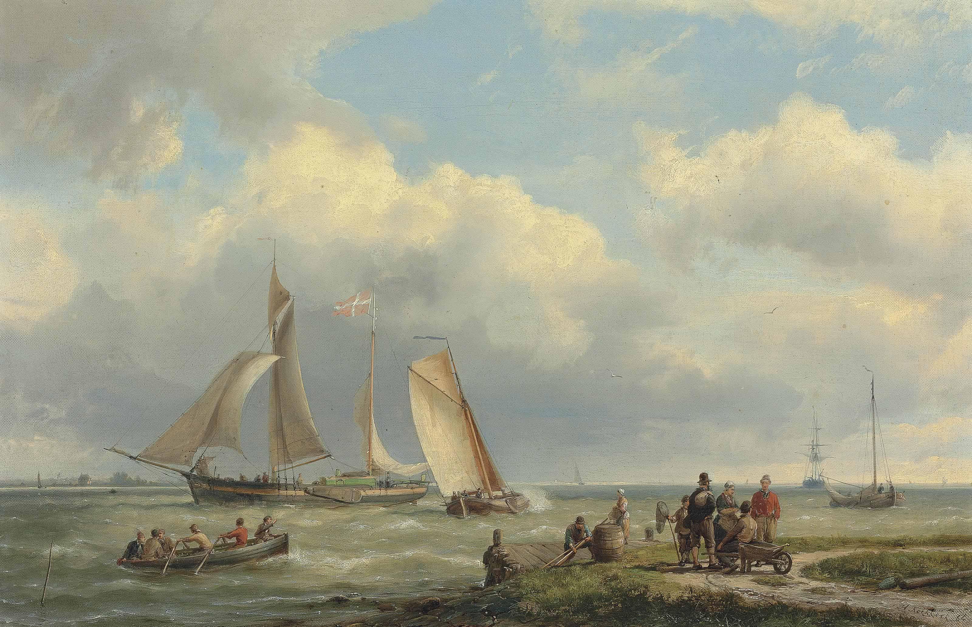 Hermanus Koekkoek Senior - A coastal landscape with a Danish coastal barge and figures on the shore