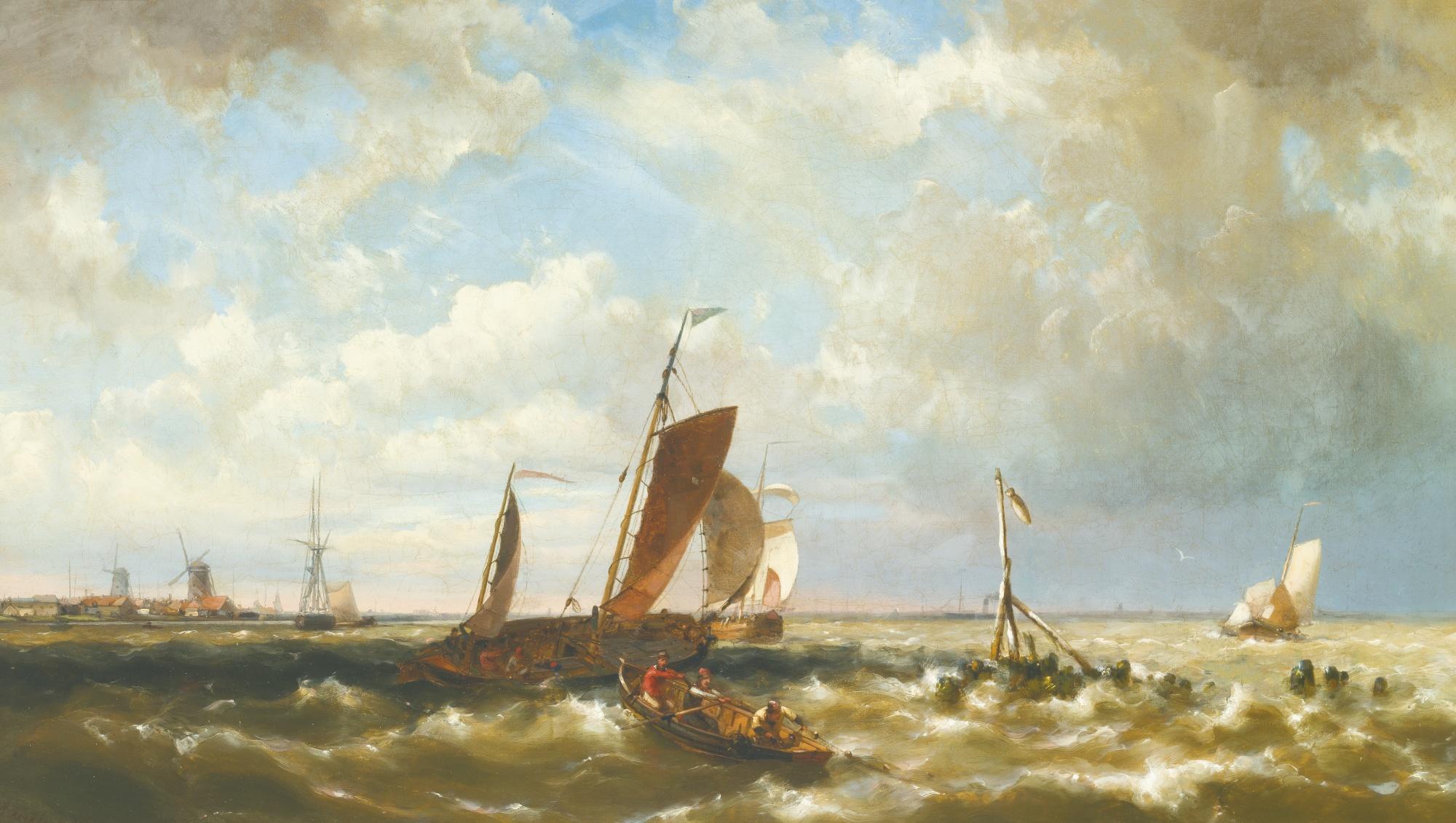 Hermanus Koekkoek The Younger - Dutch shipping In An Estuary, With Windmills In The Background