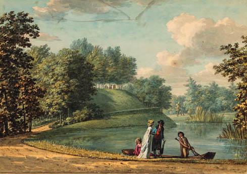 Hermanus Numan - Elegant company entering a rowing boat on the \'Groote Kom\' in the gardens of Castle Groeneveld, near Baarn